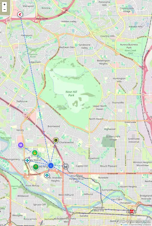 Daily accessibility map for 2928 UNWIN RD NW, Calgary showing nearby schools, grocery stores, parks, LRT stations and nearby amenities