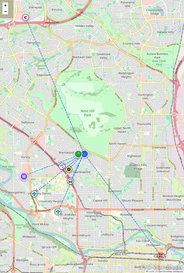 Daily accessibility map for 4319 CHIPPEWA RD NW, Calgary showing nearby schools, grocery stores, parks, LRT stations and nearby amenities