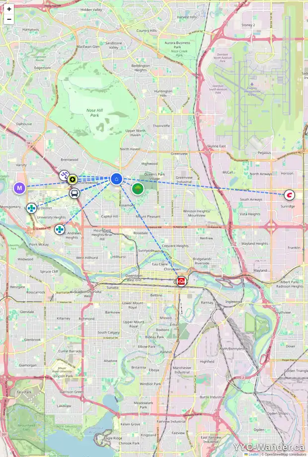 Daily accessibility map for 46 CHELTENHAM RD NW, Calgary showing nearby schools, grocery stores, parks, LRT stations and nearby amenities