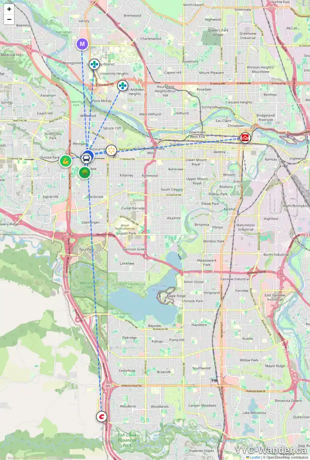 Daily accessibility map for 221 550 WESTWOOD DR SW, Calgary showing nearby schools, grocery stores, parks, LRT stations and nearby amenities