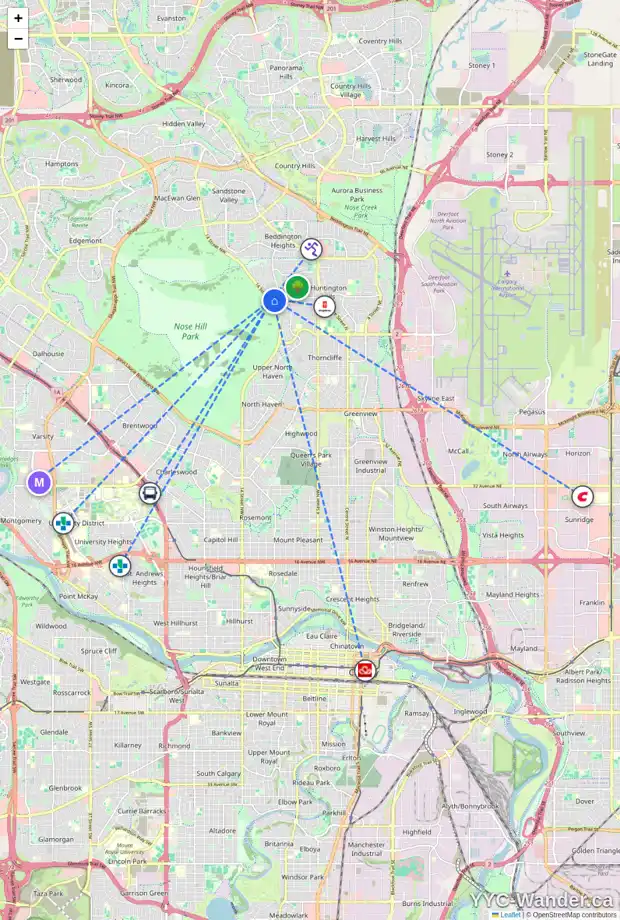 Daily accessibility map for 7511 HUNTERBURN HL NW, Calgary showing nearby schools, grocery stores, parks, LRT stations and nearby amenities