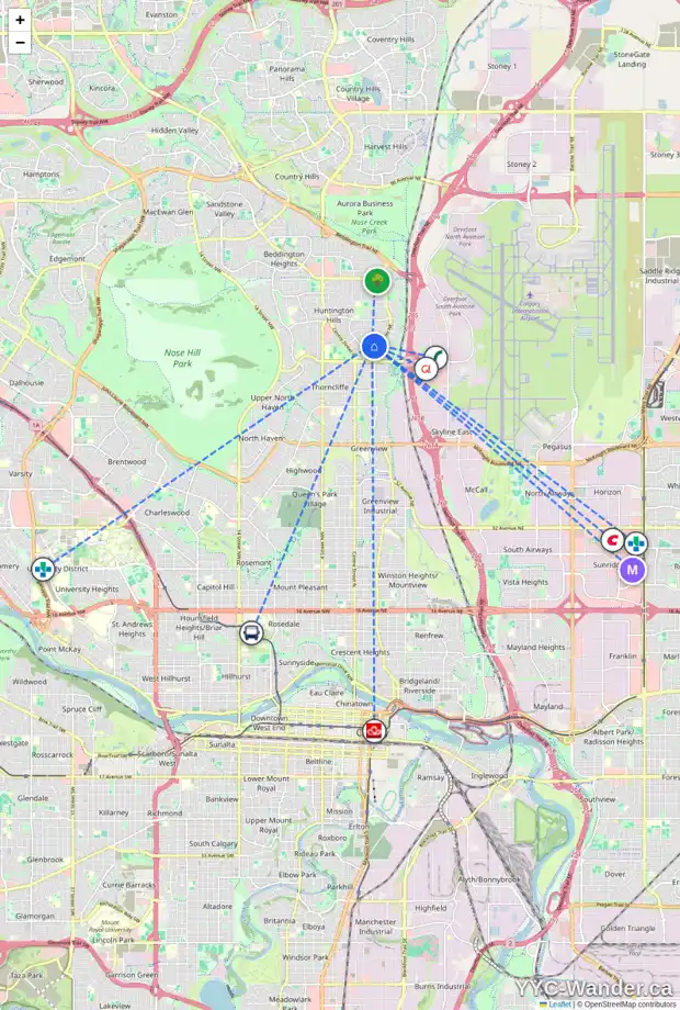 Daily accessibility map for 127 HUNTCHESTER CR NE, Calgary showing nearby schools, grocery stores, parks, LRT stations and nearby amenities