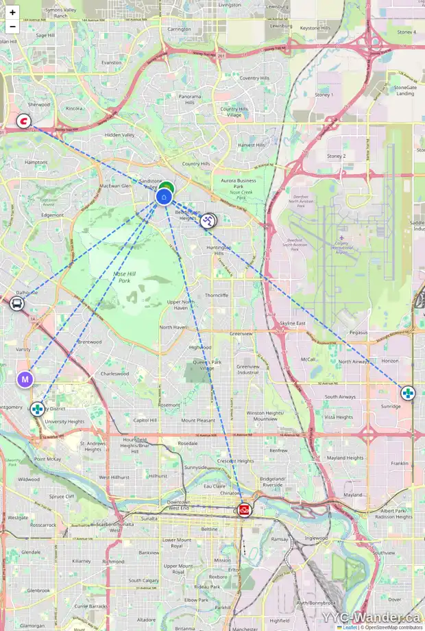 Daily accessibility map for 151 SANDSTONE PL NW, Calgary showing nearby schools, grocery stores, parks, LRT stations and nearby amenities