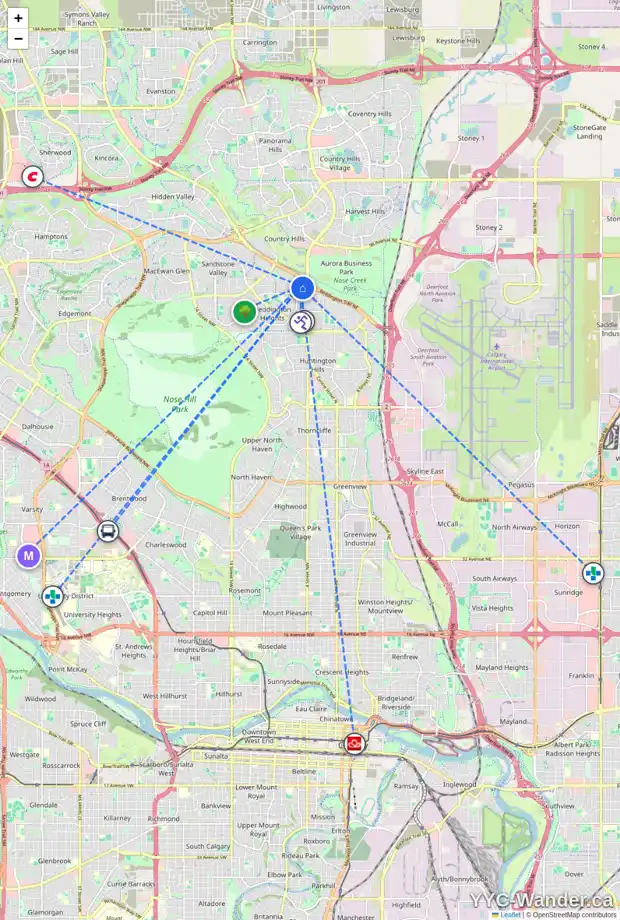 Daily accessibility map for 39 BERNARD CL NW, Calgary showing nearby schools, grocery stores, parks, LRT stations and nearby amenities