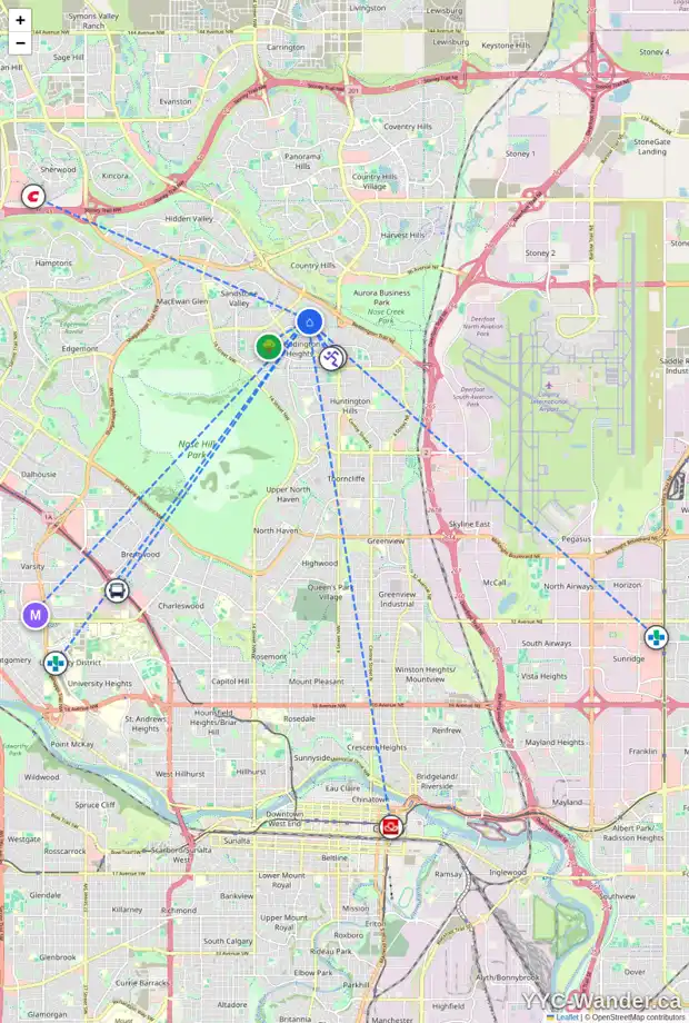 Daily accessibility map for 199 BERNARD DR NW, Calgary showing nearby schools, grocery stores, parks, LRT stations and nearby amenities