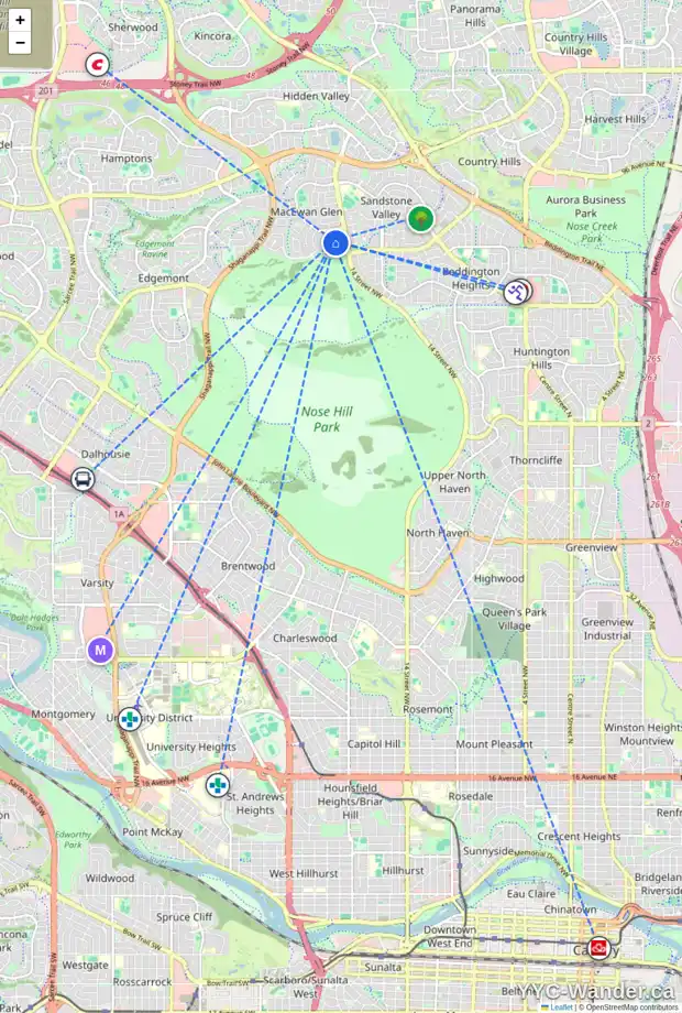 Daily accessibility map for 119 MACEWAN GLEN WY NW, Calgary showing nearby schools, grocery stores, parks, LRT stations and nearby amenities