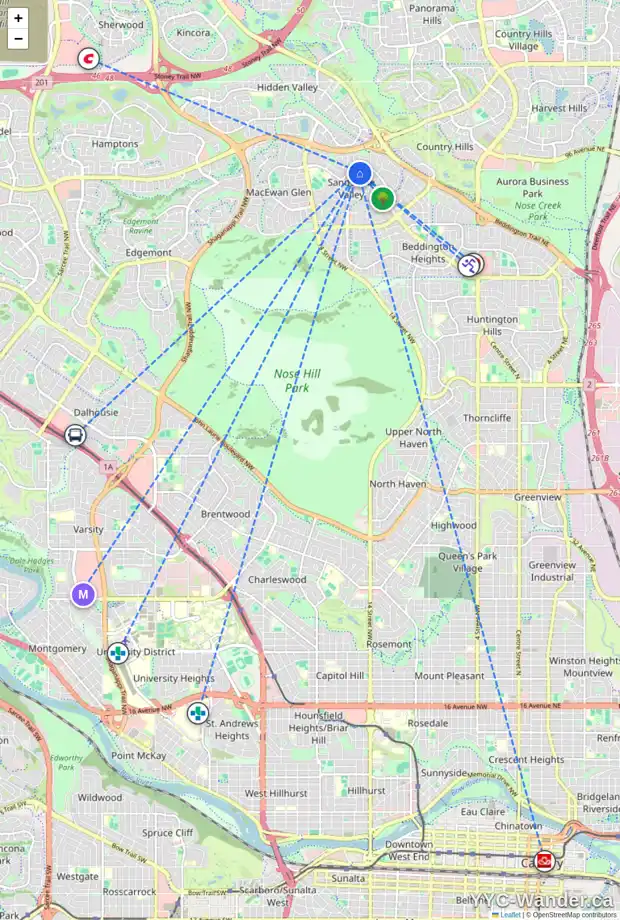 Daily accessibility map for 102 SANDPIPER WY NW, Calgary showing nearby schools, grocery stores, parks, LRT stations and nearby amenities