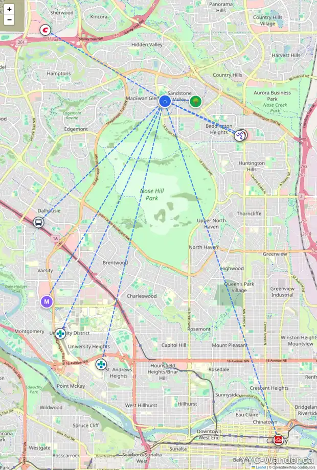 Daily accessibility map for 155 SANDRINGHAM RD NW, Calgary showing nearby schools, grocery stores, parks, LRT stations and nearby amenities