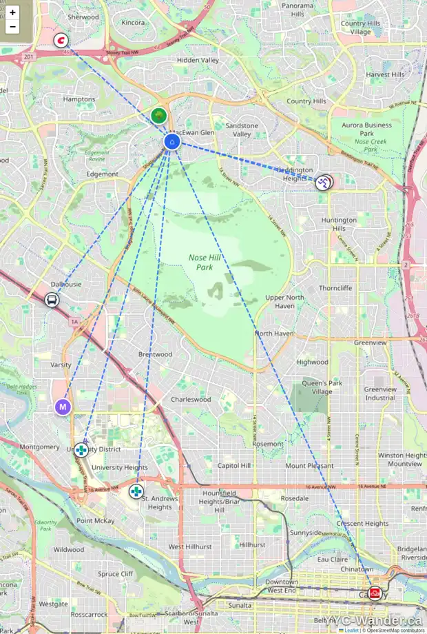 Daily accessibility map for 112 MACEWAN PARK RI NW, Calgary showing nearby schools, grocery stores, parks, LRT stations and nearby amenities