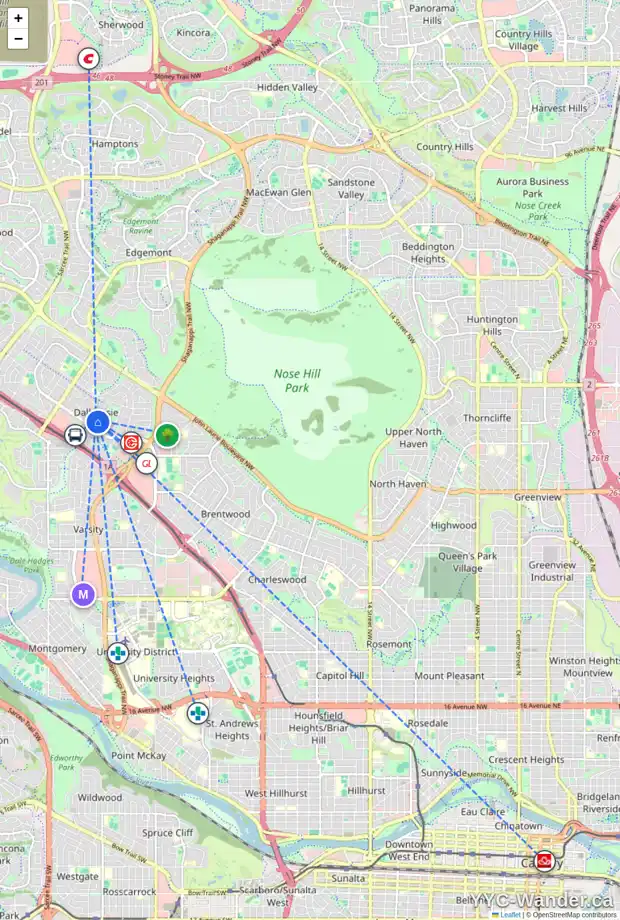 Daily accessibility map for 5821 DALGLEISH RD NW, Calgary showing nearby schools, grocery stores, parks, LRT stations and nearby amenities