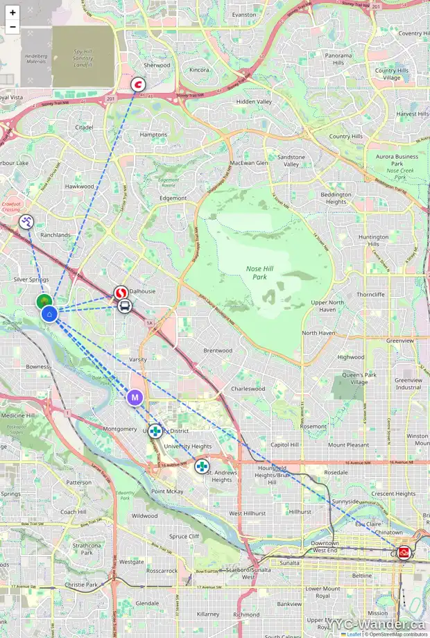 Daily accessibility map for 7112 54 AV NW, Calgary showing nearby schools, grocery stores, parks, LRT stations and nearby amenities