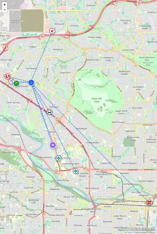 Daily accessibility map for 204 RANCH ESTATES BA NW, Calgary showing nearby schools, grocery stores, parks, LRT stations and nearby amenities