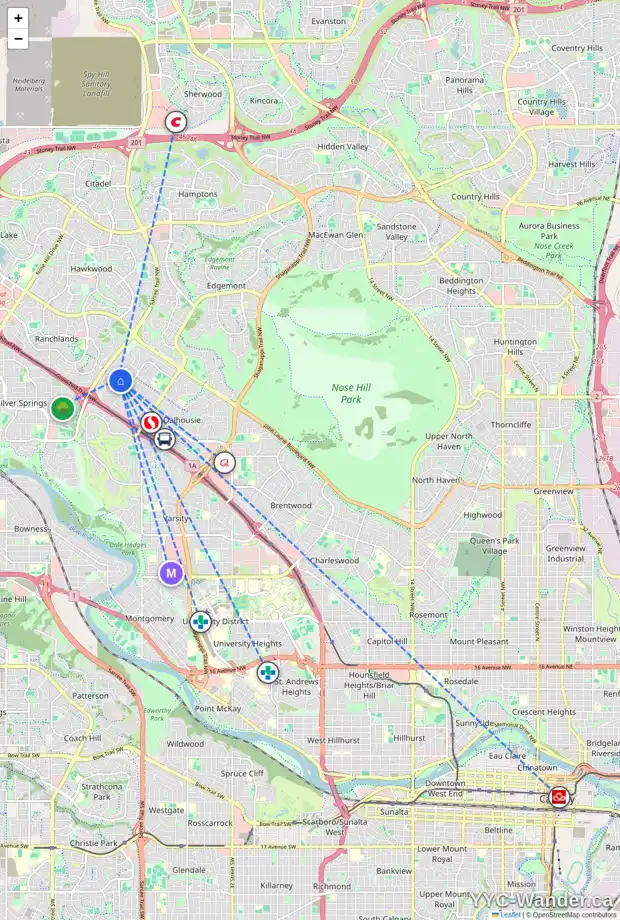 Daily accessibility map for 5848 66 AV NW, Calgary showing nearby schools, grocery stores, parks, LRT stations and nearby amenities
