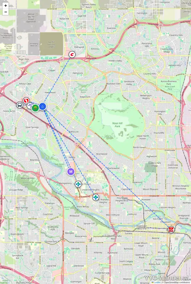 Daily accessibility map for 127 RANCHRIDGE DR NW, Calgary showing nearby schools, grocery stores, parks, LRT stations and nearby amenities