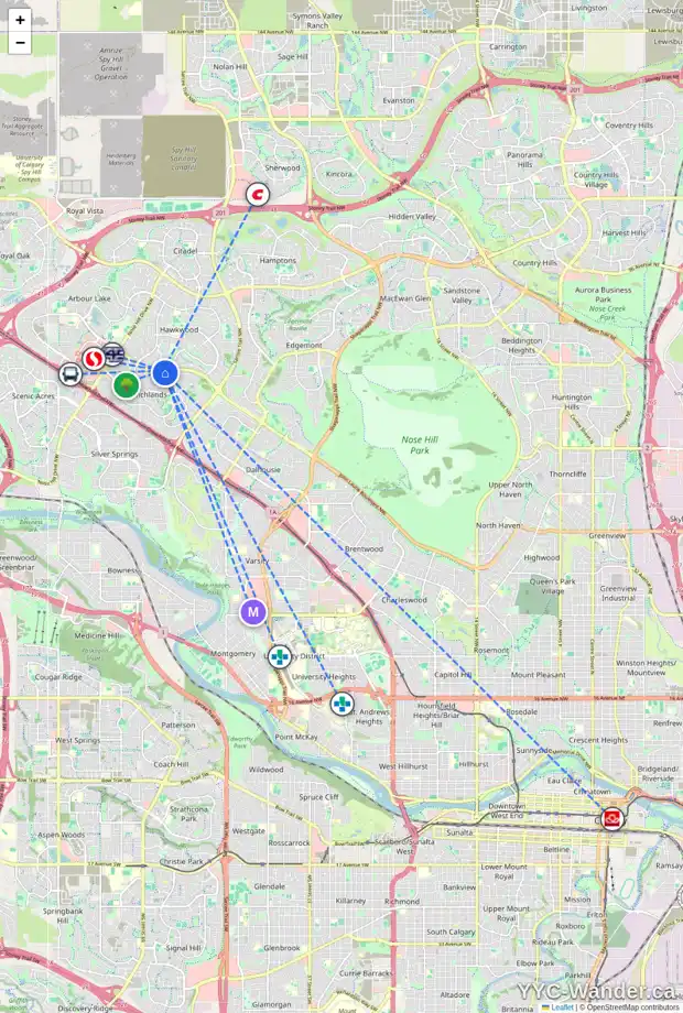 Daily accessibility map for 731 HAWKSIDE ME NW, Calgary showing nearby schools, grocery stores, parks, LRT stations and nearby amenities