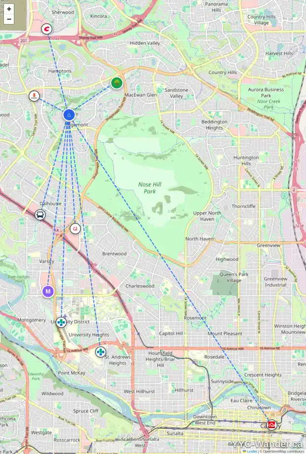 Daily accessibility map for 25 EDGEVALLEY WY NW, Calgary showing nearby schools, grocery stores, parks, LRT stations and nearby amenities