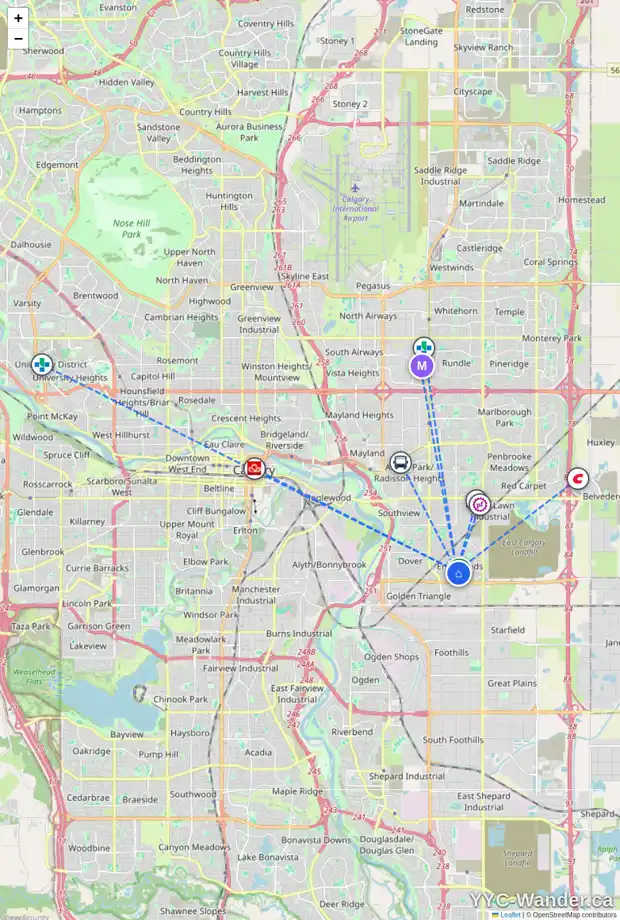 Daily accessibility map for 65 ERIN GREEN WY SE, Calgary showing nearby schools, grocery stores, parks, LRT stations and nearby amenities