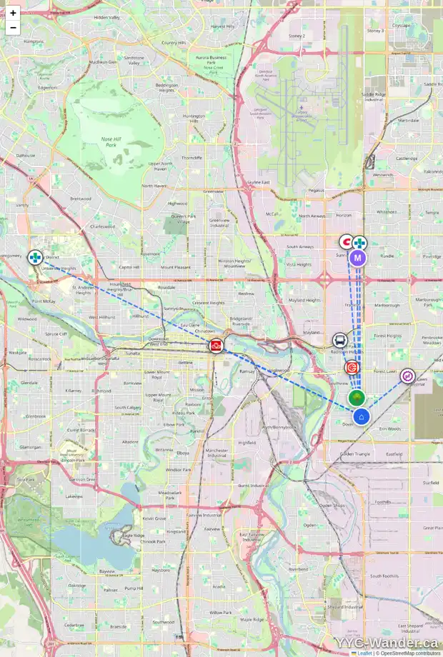 Daily accessibility map for 3437 33A AV SE, Calgary showing nearby schools, grocery stores, parks, LRT stations and nearby amenities