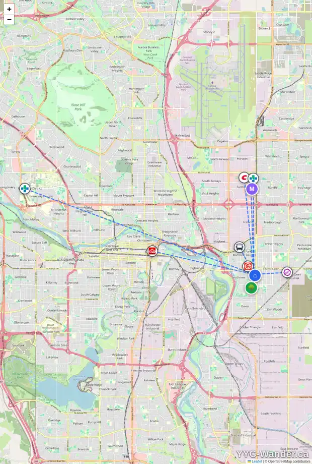 Daily accessibility map for 2023 35 ST SE, Calgary showing nearby schools, grocery stores, parks, LRT stations and nearby amenities