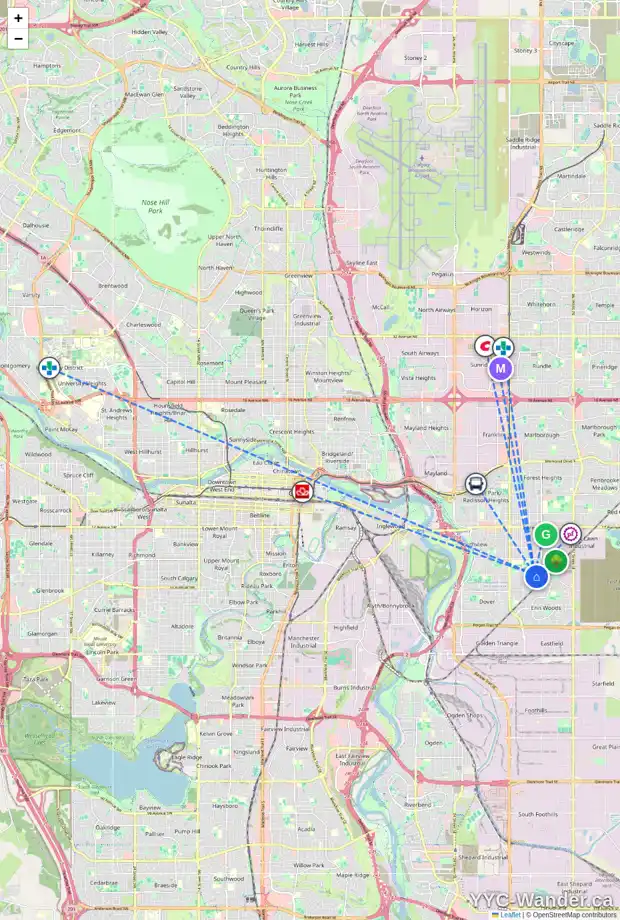 Daily accessibility map for 3030 DOVER RD SE, Calgary showing nearby schools, grocery stores, parks, LRT stations and nearby amenities