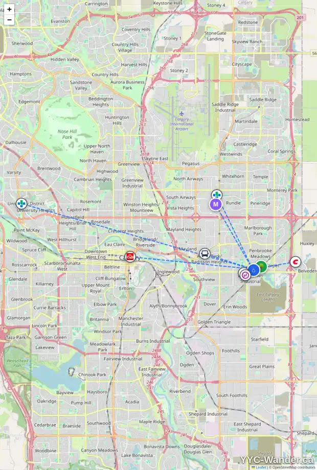 Daily accessibility map for 107 PENSACOLA CL SE, Calgary showing nearby schools, grocery stores, parks, LRT stations and nearby amenities