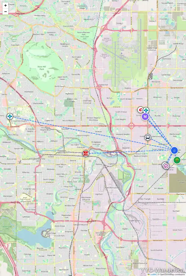 Daily accessibility map for 5560 5 AV SE, Calgary showing nearby schools, grocery stores, parks, LRT stations and nearby amenities