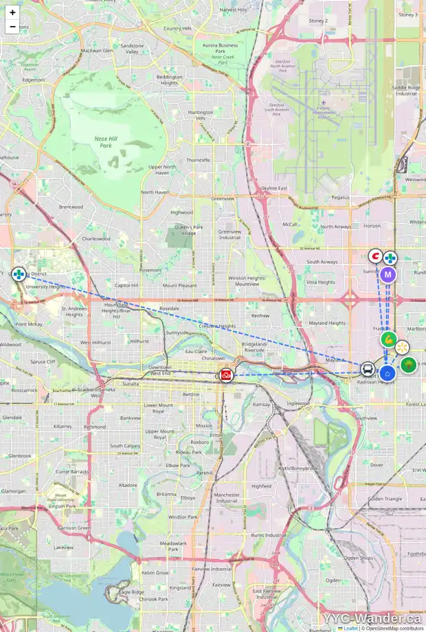 Daily accessibility map for 16 RADCLIFFE BA SE, Calgary showing nearby schools, grocery stores, parks, LRT stations and nearby amenities