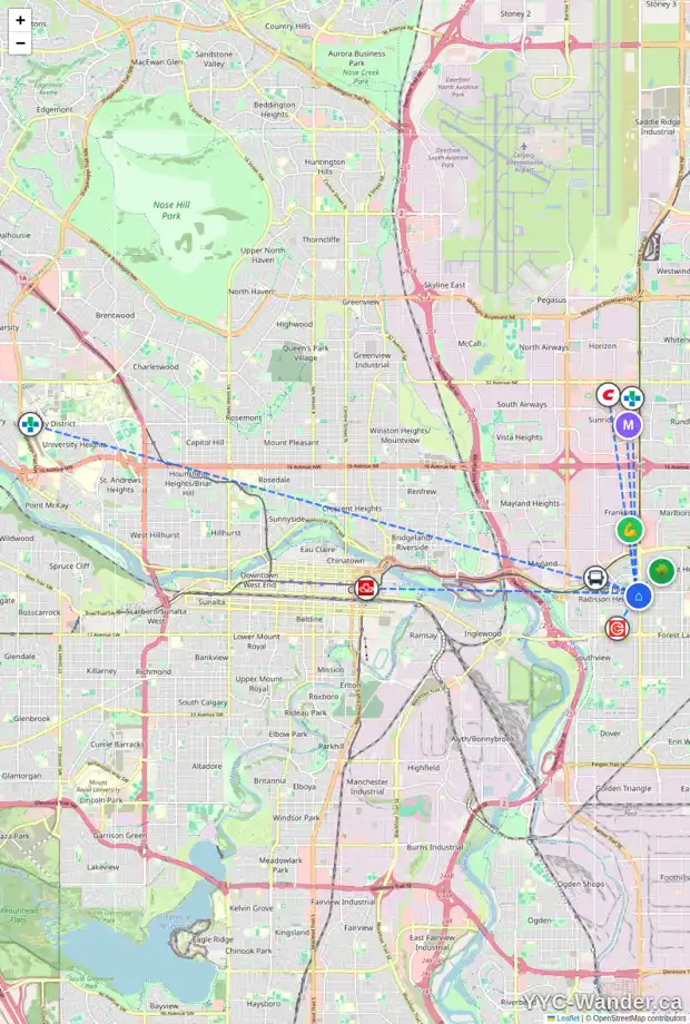 Daily accessibility map for 902 35 ST SE, Calgary showing nearby schools, grocery stores, parks, LRT stations and nearby amenities