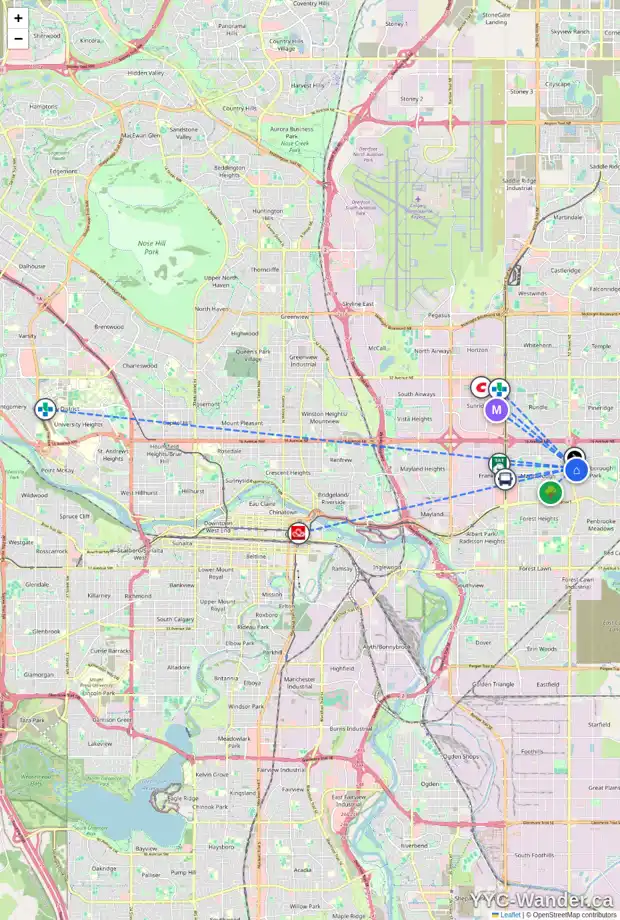 Daily accessibility map for 119 MADEIRA PL NE, Calgary showing nearby schools, grocery stores, parks, LRT stations and nearby amenities