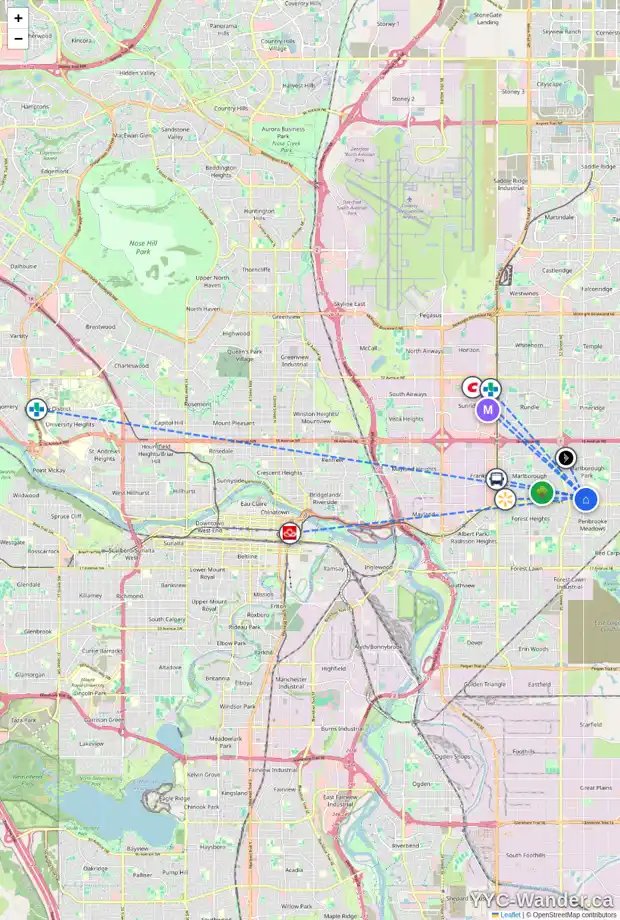 Daily accessibility map for 5828 MEMORIAL DR NE, Calgary showing nearby schools, grocery stores, parks, LRT stations and nearby amenities