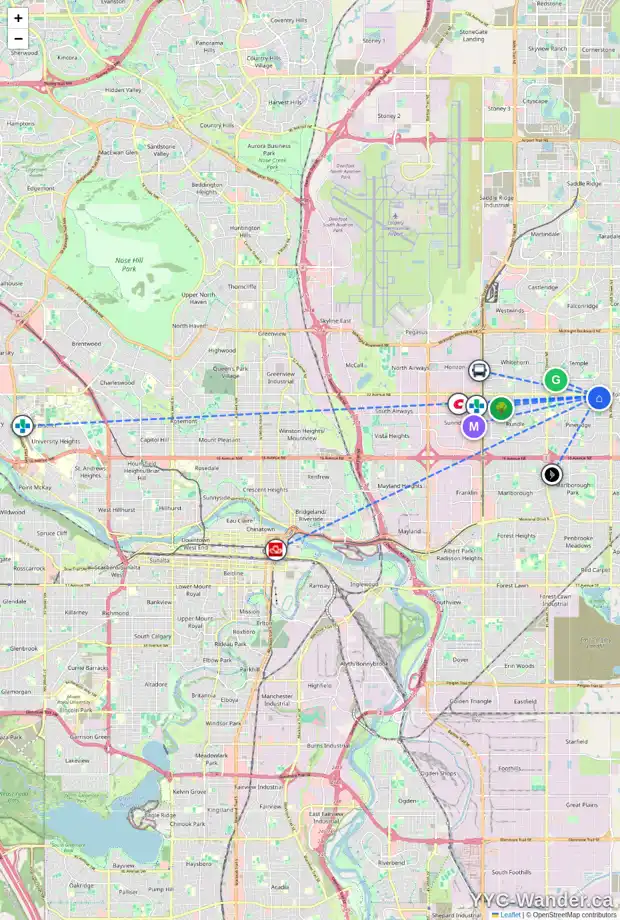 Daily accessibility map for 235 PINECLIFF WY NE, Calgary showing nearby schools, grocery stores, parks, LRT stations and nearby amenities