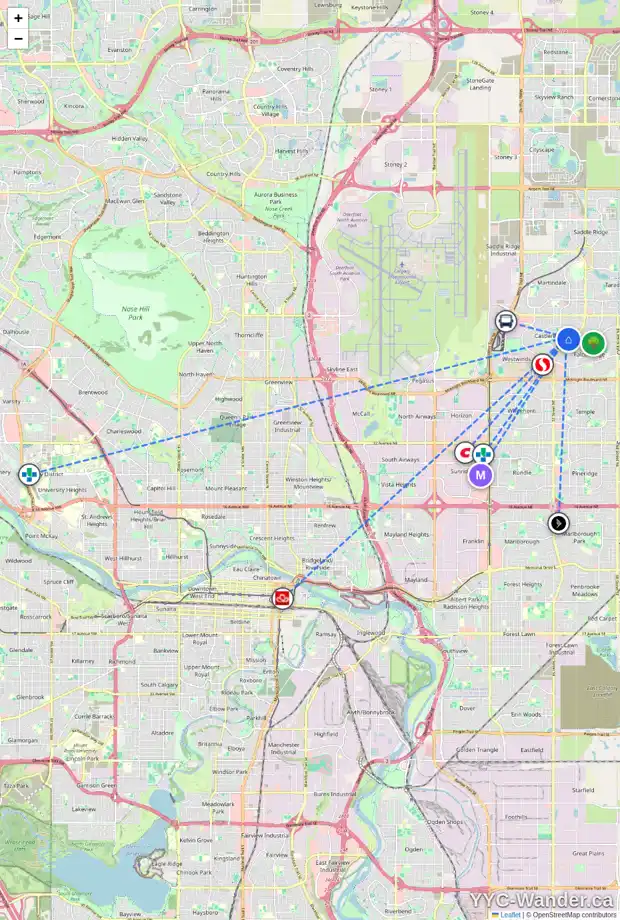 Daily accessibility map for 58 CASTLEGLEN RD NE, Calgary showing nearby schools, grocery stores, parks, LRT stations and nearby amenities