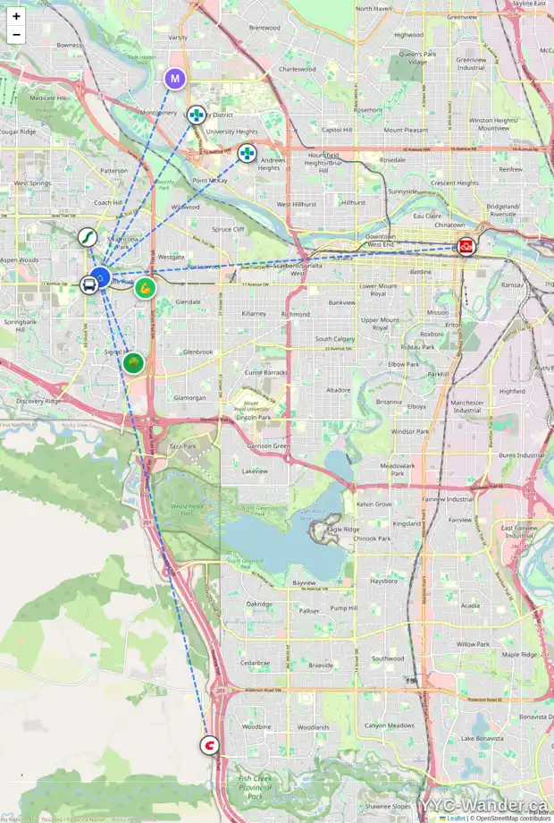 Daily accessibility map for 7103 CHRISTIE BRIAR MR SW, Calgary showing nearby schools, grocery stores, parks, LRT stations and nearby amenities