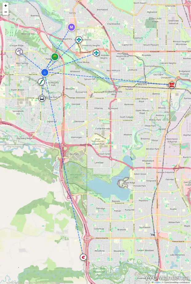 Daily accessibility map for 379 COACH RIDGE RI SW, Calgary showing nearby schools, grocery stores, parks, LRT stations and nearby amenities