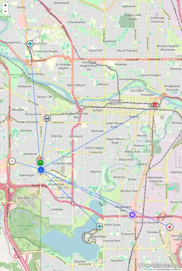 Daily accessibility map for 4407 37 ST SW, Calgary showing nearby schools, grocery stores, parks, LRT stations and nearby amenities