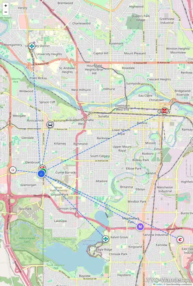 Daily accessibility map for 75 GLOUCESTER CR SW, Calgary showing nearby schools, grocery stores, parks, LRT stations and nearby amenities