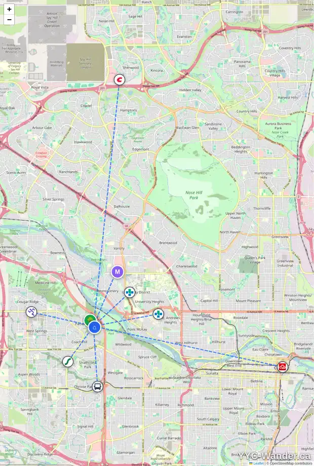 Daily accessibility map for 40 PATINA HL SW, Calgary showing nearby schools, grocery stores, parks, LRT stations and nearby amenities