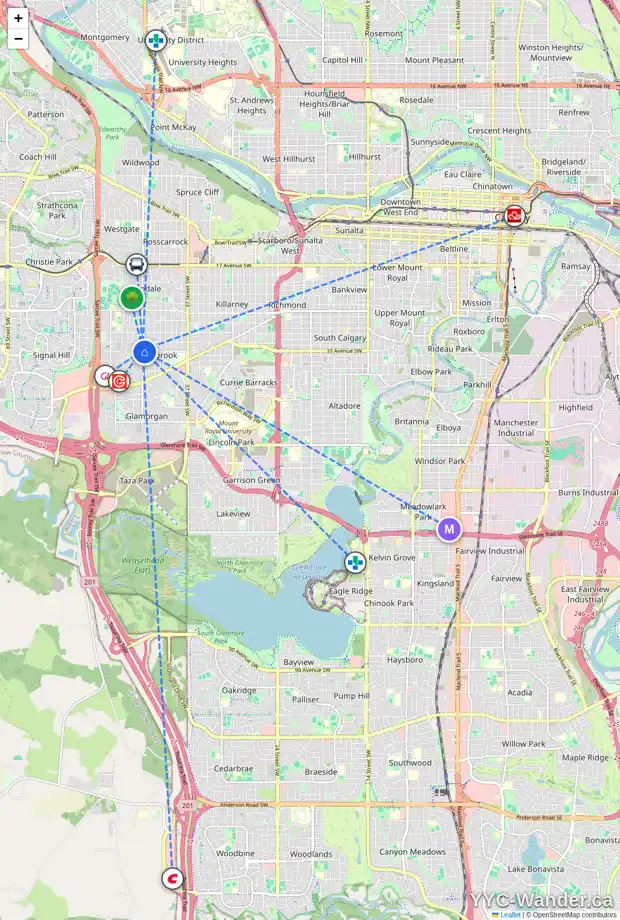 Daily accessibility map for 4604 33 AV SW, Calgary showing nearby schools, grocery stores, parks, LRT stations and nearby amenities