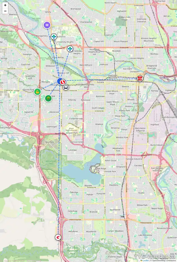 Daily accessibility map for 915 38 ST SW, Calgary showing nearby schools, grocery stores, parks, LRT stations and nearby amenities