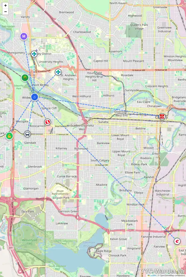 Daily accessibility map for 82 WALNUT DR SW, Calgary showing nearby schools, grocery stores, parks, LRT stations and nearby amenities