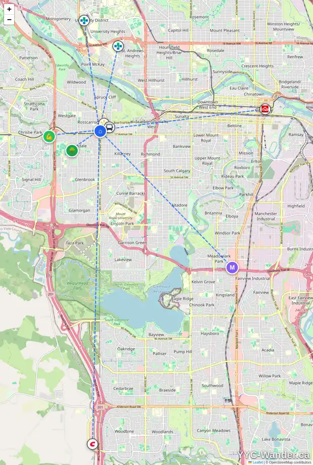 Daily accessibility map for 1611 37 ST SW, Calgary showing nearby schools, grocery stores, parks, LRT stations and nearby amenities