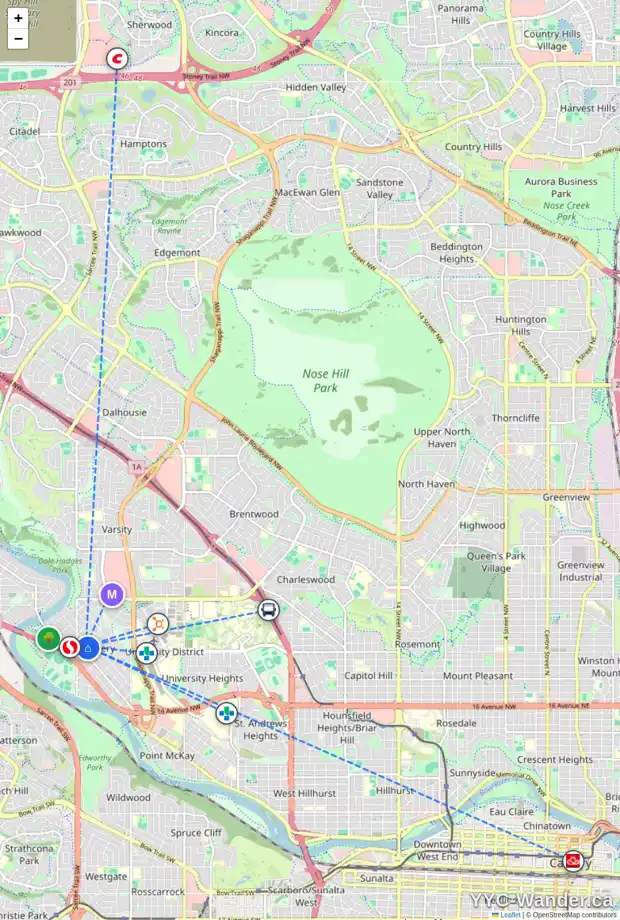 Daily accessibility map for 4831 19 AV NW, Calgary showing nearby schools, grocery stores, parks, LRT stations and nearby amenities