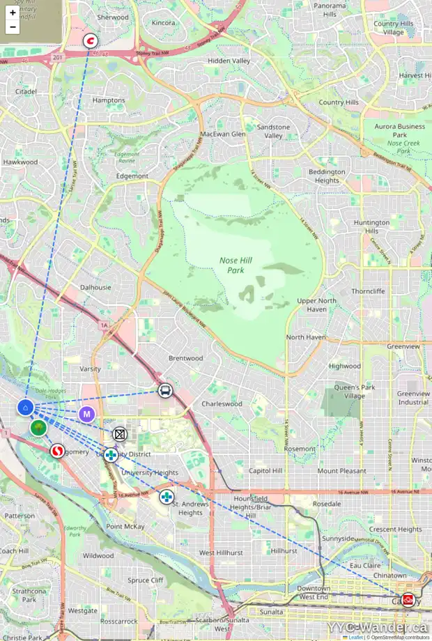 Daily accessibility map for 6151 BOWNESS RD NW, Calgary showing nearby schools, grocery stores, parks, LRT stations and nearby amenities