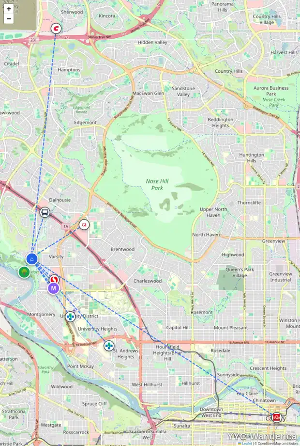 Daily accessibility map for 4123 VARSITY RD NW, Calgary showing nearby schools, grocery stores, parks, LRT stations and nearby amenities