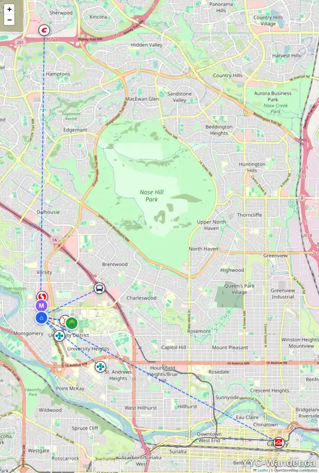 Daily accessibility map for 4720 MONTALBAN DR NW, Calgary showing nearby schools, grocery stores, parks, LRT stations and nearby amenities