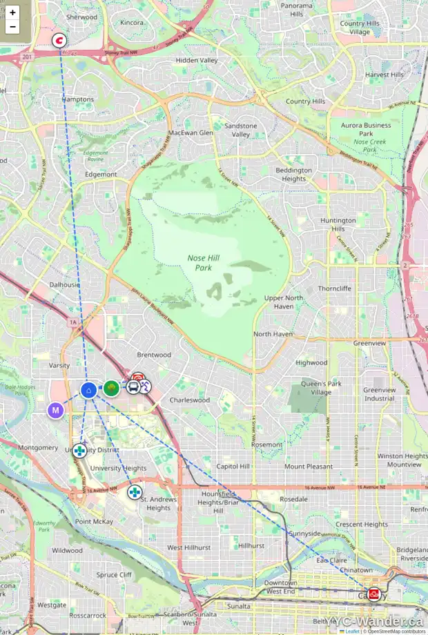 Daily accessibility map for 4016 VARDELL RD NW, Calgary showing nearby schools, grocery stores, parks, LRT stations and nearby amenities