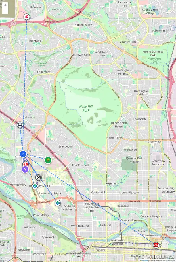 Daily accessibility map for 4227 49 ST NW, Calgary showing nearby schools, grocery stores, parks, LRT stations and nearby amenities