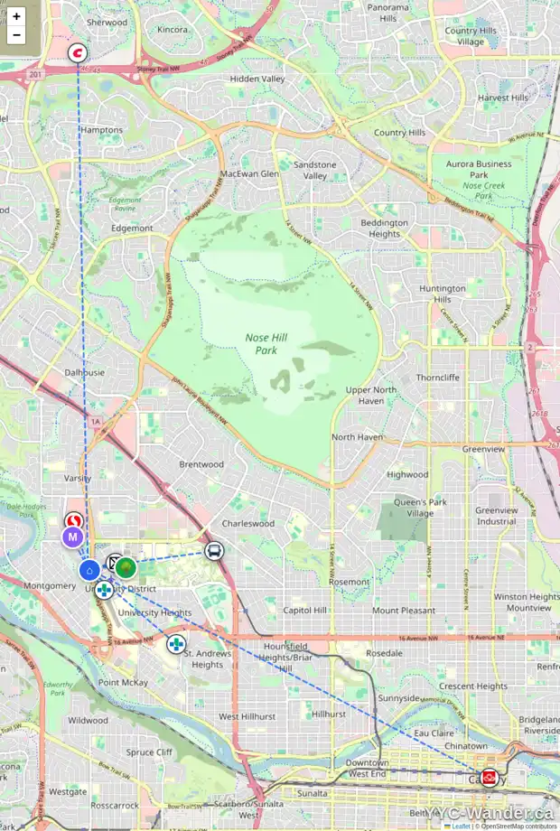 Daily accessibility map for 2827 MACKAY RD NW, Calgary showing nearby schools, grocery stores, parks, LRT stations and nearby amenities