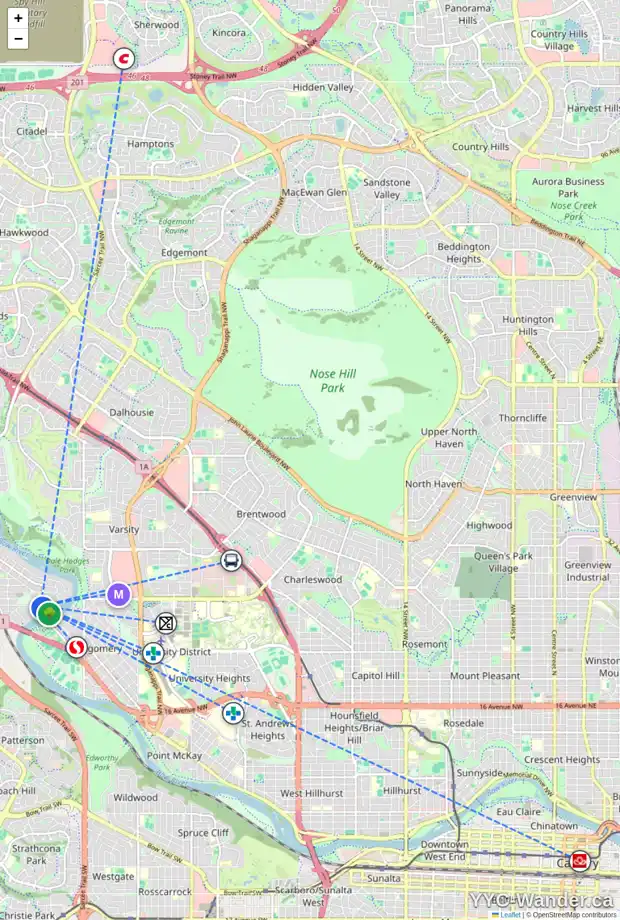 Daily accessibility map for 5807 BOWNESS RD NW, Calgary showing nearby schools, grocery stores, parks, LRT stations and nearby amenities