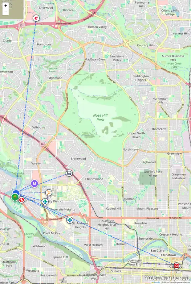 Daily accessibility map for 16 BOW LD NW, Calgary showing nearby schools, grocery stores, parks, LRT stations and nearby amenities